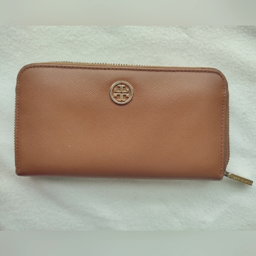 Tory Burch Brown Zip-Around Wallet with Gold Logo